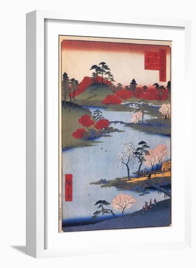 Open Garden at the Hachiman Shrine in Fukagawa. (One Hundred Famous Views of Ed), C. 1858-Utagawa Hiroshige-Framed Giclee Print