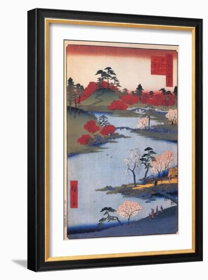 Open Garden at the Hachiman Shrine in Fukagawa. (One Hundred Famous Views of Ed), C. 1858-Utagawa Hiroshige-Framed Giclee Print