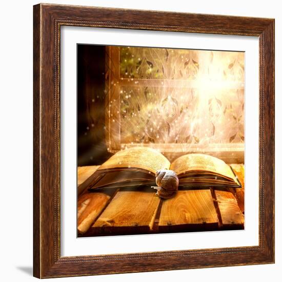 Open Old Book Magic Snail-FOTOALOJA-Framed Photographic Print