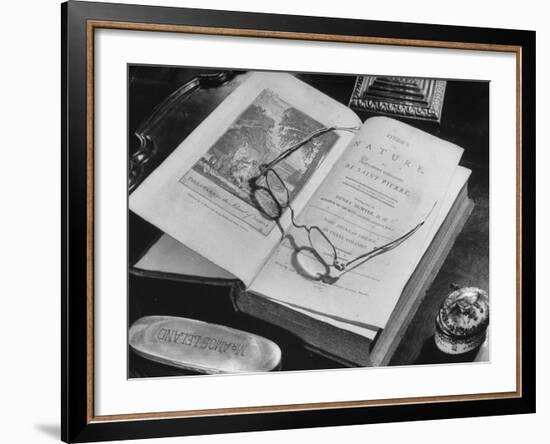Open Pages of an Old Book, Held Down by a Pair of Steel-Rimmed Spectacles at Mt. Pleasant-null-Framed Photographic Print