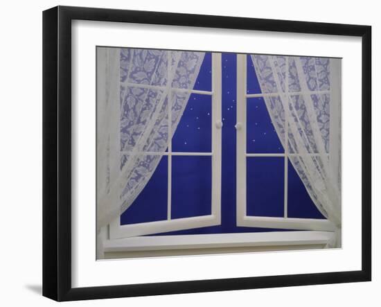 Open Window with Lace Curtains and Simulated Stars Beyond-null-Framed Photographic Print