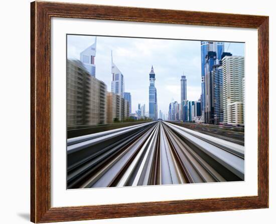 Opened in 2010, the Dubai Metro, Mrt, in Motion Along Sheikh Zayed Road at Dusk, Dubai, United Arab-Gavin Hellier-Framed Photographic Print