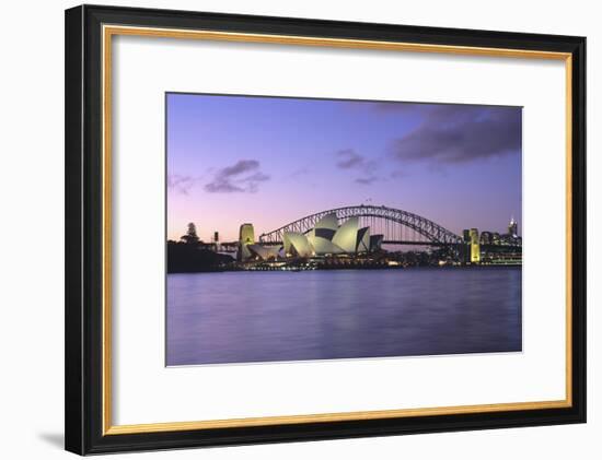 Opera House and Harbour Bridge, Sydney, at dusk.-Marcel Malherbe-Framed Photo