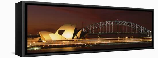 Opera House Lit Up at Night with Light Streaks, Sydney Harbor Bridge, Sydney Opera House-null-Framed Stretched Canvas