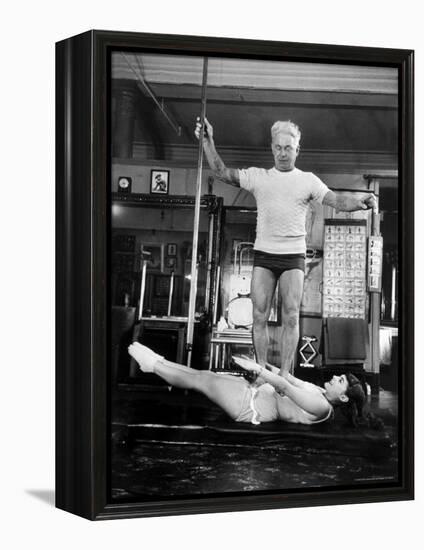 Opera Singer Roberta Peters Balancing Her Trainer, Joseph Pilates, on Her Operatic Breadbasket-Michael Rougier-Framed Premier Image Canvas