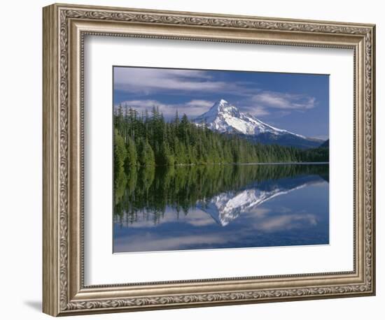 OR, Mount Hood NF and conifer forest reflect on calm surface of Lost Lake.-John Barger-Framed Photographic Print