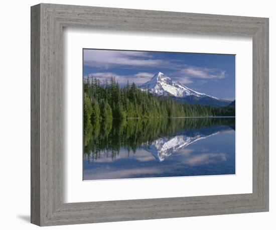 OR, Mount Hood NF and conifer forest reflect on calm surface of Lost Lake.-John Barger-Framed Photographic Print