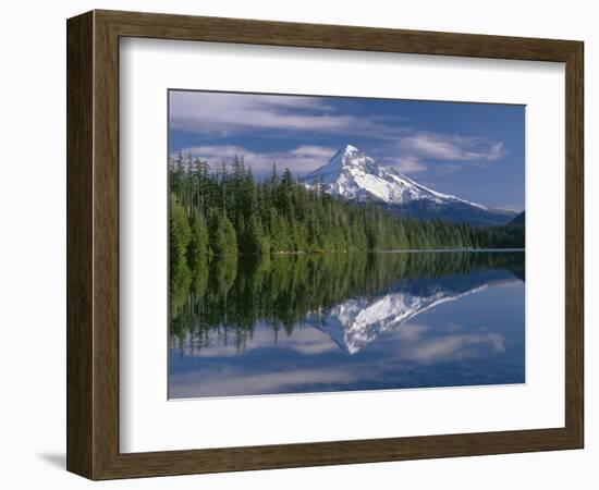 OR, Mount Hood NF and conifer forest reflect on calm surface of Lost Lake.-John Barger-Framed Photographic Print