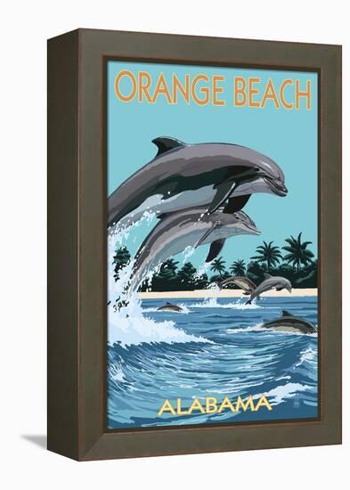 Orange Beach, Alabama - Dolphins Jumping-Lantern Press-Framed Stretched Canvas