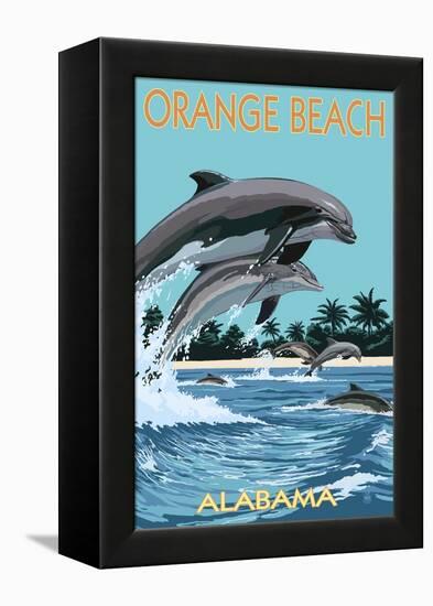 Orange Beach, Alabama - Dolphins Jumping-Lantern Press-Framed Stretched Canvas