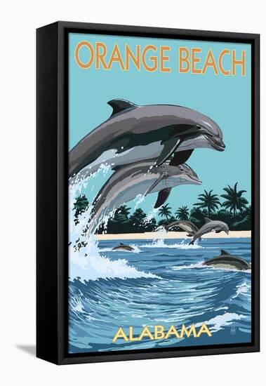 Orange Beach, Alabama - Dolphins Jumping-Lantern Press-Framed Stretched Canvas