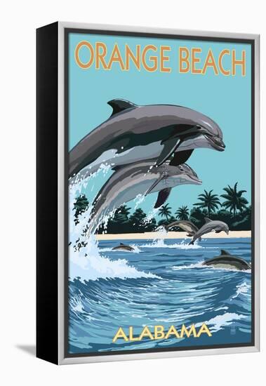 Orange Beach, Alabama - Dolphins Jumping-Lantern Press-Framed Stretched Canvas