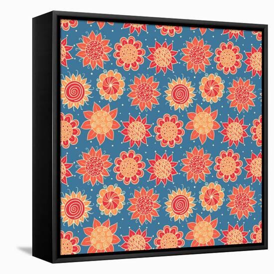 Orange Blue Doodle Seamless Flower Pattern-nad_o-Framed Stretched Canvas