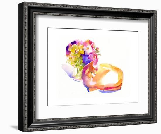 Orange Cat with Flowers, 2014-John Keeling-Framed Giclee Print