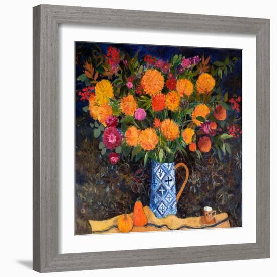 Orange Chrysanthemums on a Tapestry Cloth, 2022 (Acrylic)-Ann Oram-Framed Giclee Print