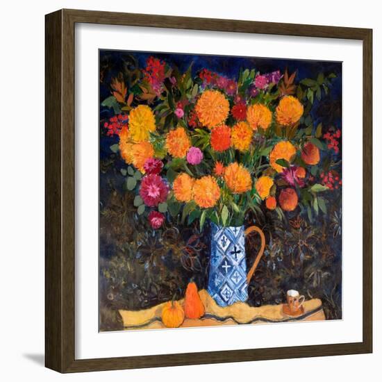 Orange Chrysanthemums on a Tapestry Cloth, 2022 (Acrylic)-Ann Oram-Framed Giclee Print