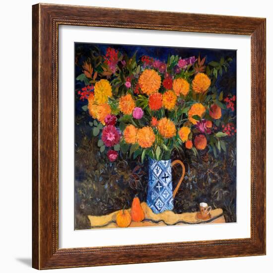 Orange Chrysanthemums on a Tapestry Cloth, 2022 (Acrylic)-Ann Oram-Framed Giclee Print