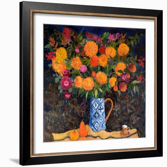 Orange Chrysanthemums on a Tapestry Cloth, 2022 (Acrylic)-Ann Oram-Framed Giclee Print