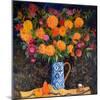 Orange Chrysanthemums on a Tapestry Cloth, 2022 (Acrylic)-Ann Oram-Mounted Giclee Print