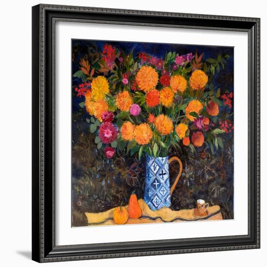 Orange Chrysanthemums on a Tapestry Cloth, 2022 (Acrylic)-Ann Oram-Framed Giclee Print