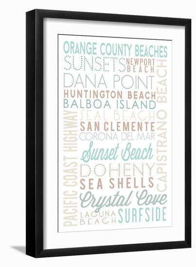 Orange County Beaches, California - Typography-Lantern Press-Framed Art Print