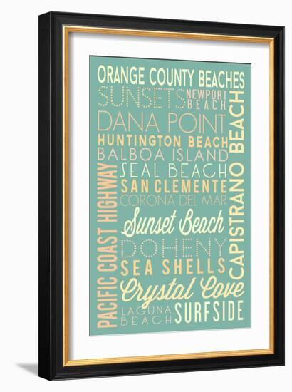 Orange County Beaches, California - Typography-Lantern Press-Framed Art Print