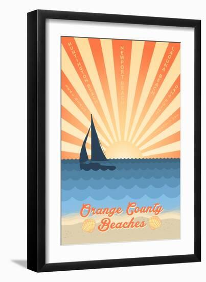 Orange County, California - Beach Scene with Rays and Sailboat-Lantern Press-Framed Art Print