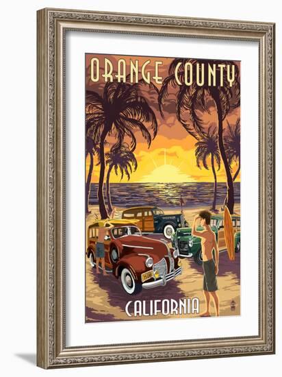 Orange County, California - Woodies and Sunset-Lantern Press-Framed Art Print