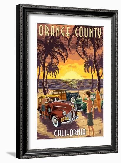 Orange County, California - Woodies and Sunset-Lantern Press-Framed Art Print