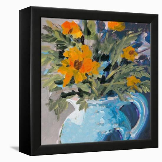 Orange Daisies In Blue Vase-Jane Slivka-Framed Stretched Canvas