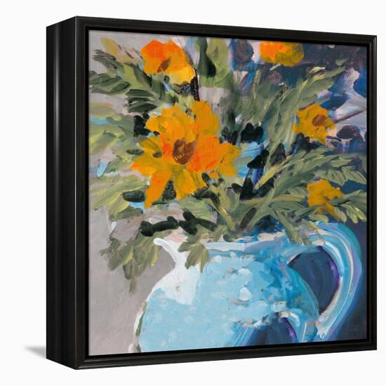 Orange Daisies In Blue Vase-Jane Slivka-Framed Stretched Canvas