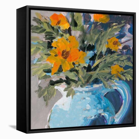 Orange Daisies In Blue Vase-Jane Slivka-Framed Stretched Canvas