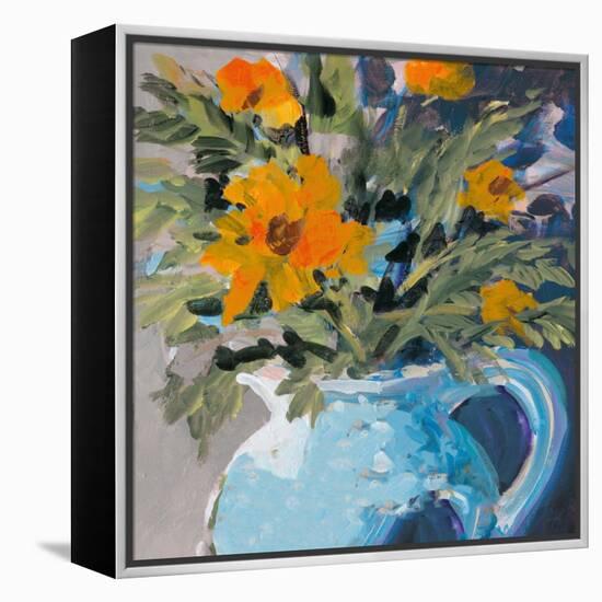 Orange Daisies In Blue Vase-Jane Slivka-Framed Stretched Canvas