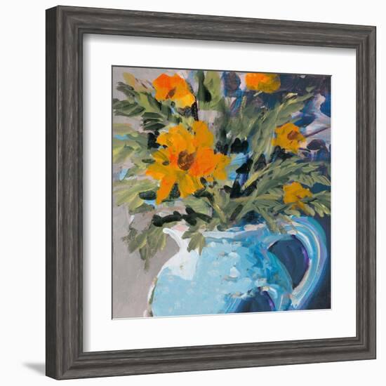 Orange Daisies In Blue Vase-Jane Slivka-Framed Art Print