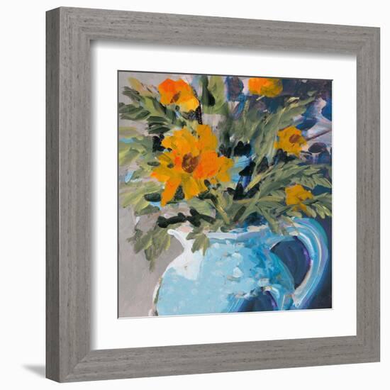 Orange Daisies In Blue Vase-Jane Slivka-Framed Art Print