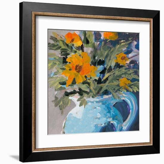 Orange Daisies In Blue Vase-Jane Slivka-Framed Art Print