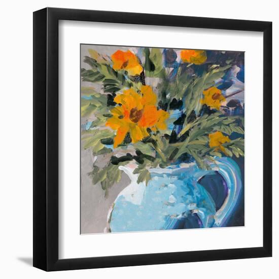 Orange Daisies In Blue Vase-Jane Slivka-Framed Art Print