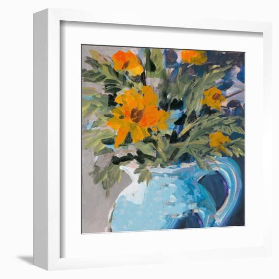 Orange Daisies In Blue Vase-Jane Slivka-Framed Art Print