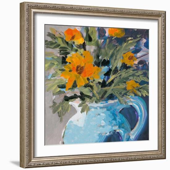 Orange Daisies In Blue Vase-Jane Slivka-Framed Art Print