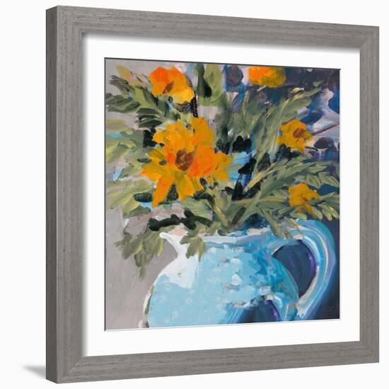 Orange Daisies In Blue Vase-Jane Slivka-Framed Art Print