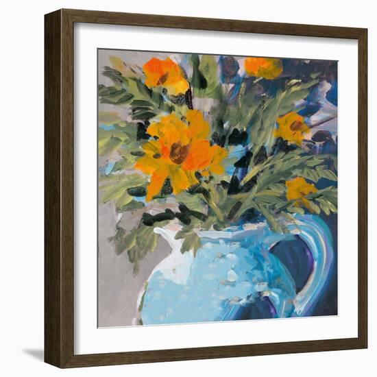 Orange Daisies In Blue Vase-Jane Slivka-Framed Art Print