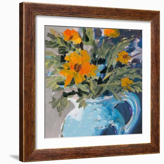 Orange Daisies In Blue Vase-Jane Slivka-Framed Art Print