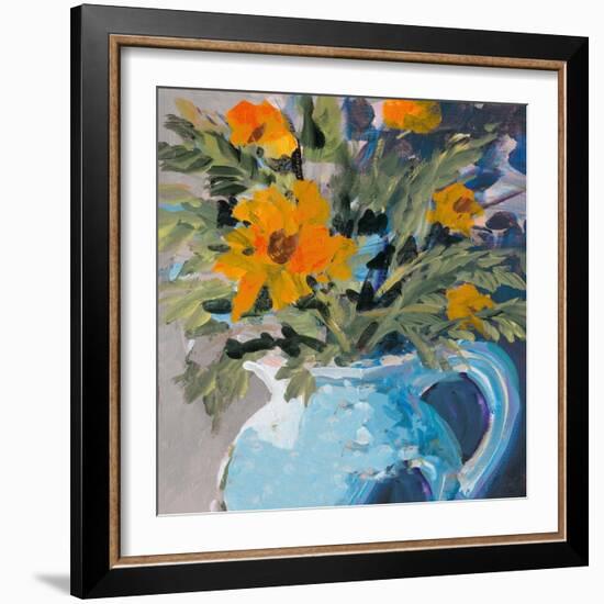 Orange Daisies In Blue Vase-Jane Slivka-Framed Art Print