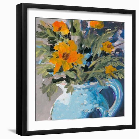 Orange Daisies In Blue Vase-Jane Slivka-Framed Art Print