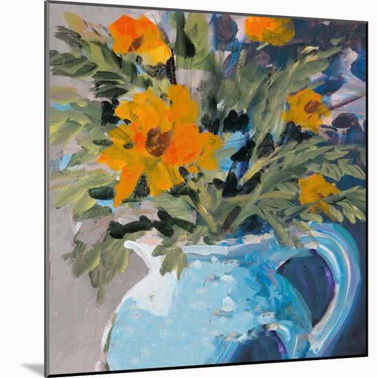 Orange Daisies In Blue Vase-Jane Slivka-Mounted Art Print