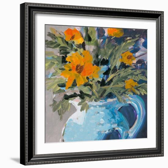 Orange Daisies In Blue Vase-Jane Slivka-Framed Art Print