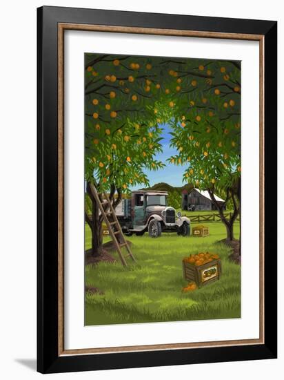 Orange Orchard Scene-Lantern Press-Framed Art Print