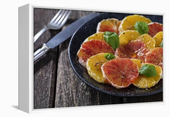 Orange Salad and Blood Orange Salad on Dark Plate-Jana Ihle-Framed Premier Image Canvas