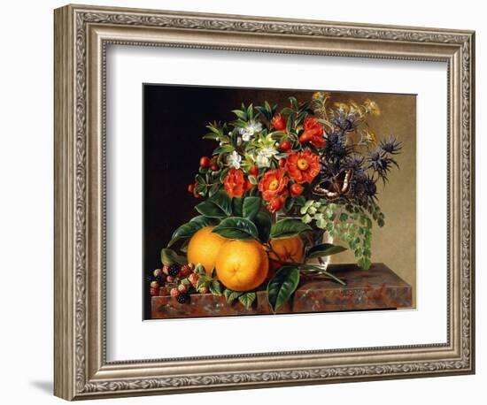 Oranges, Blackberries and a Vase of Flowers on a Ledge, 1834-Johan Laurents Jensen-Framed Giclee Print