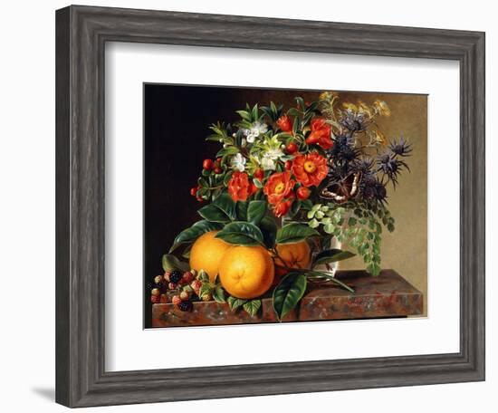 Oranges, Blackberries and a Vase of Flowers on a Ledge, 1834-Johan Laurents Jensen-Framed Giclee Print